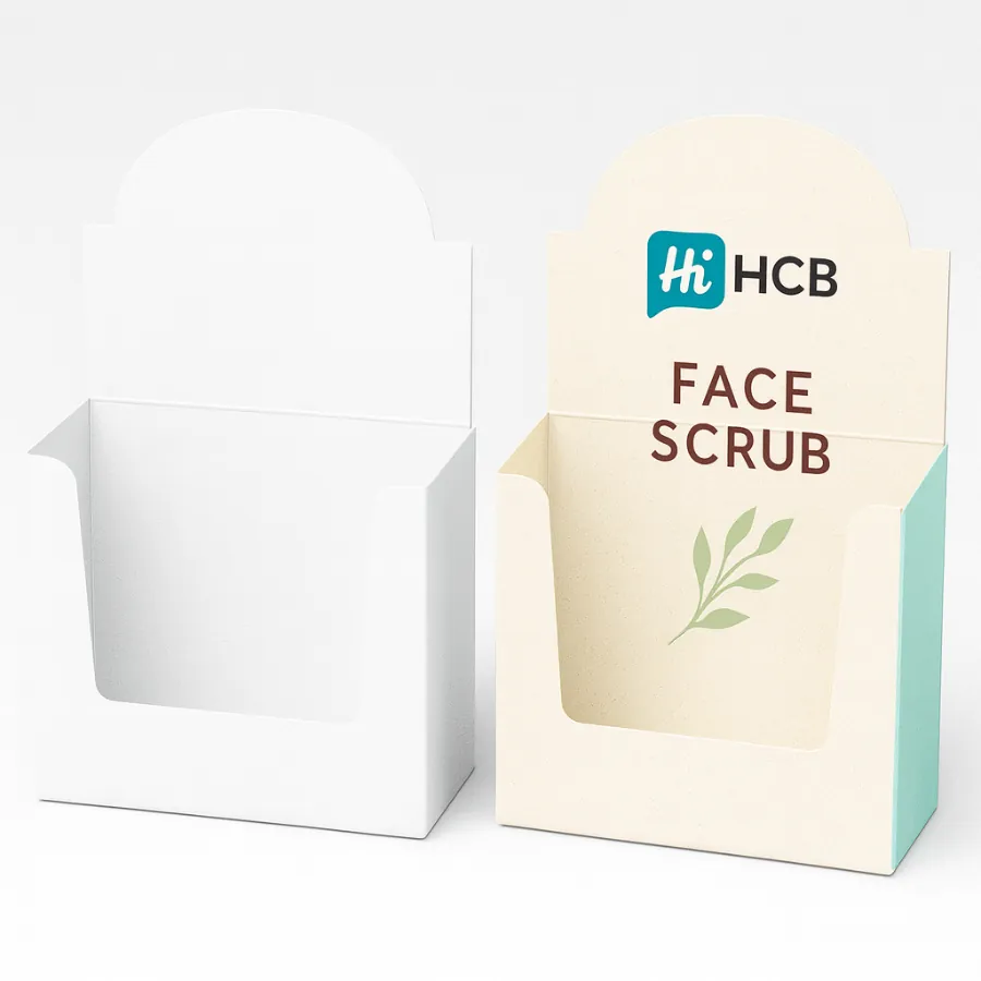 Two cardboard counter display units- one plain white and one printed with face scrub branding- class=